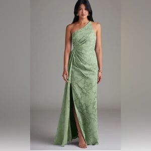 Azazie Dusty Sage Sheath One Shoulder Floral Burnout Dress